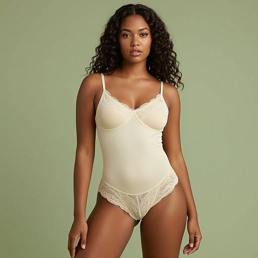 Photograph of a confident, dark-skinned woman with curly black hair, wearing a white lace-trimmed, low-cut camisole and matching