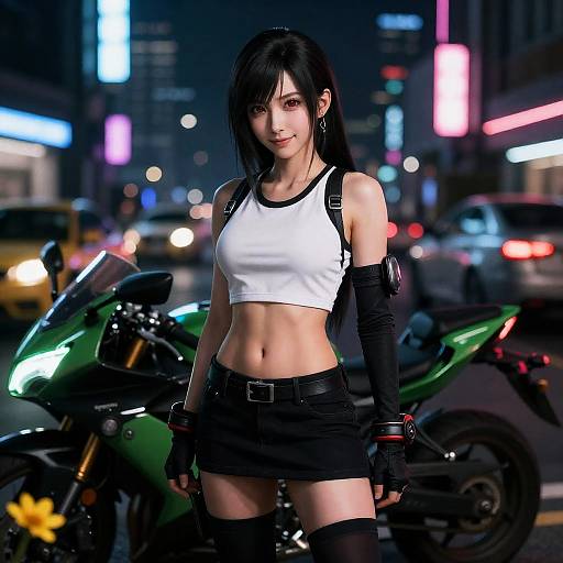 Woman with Motorcycle at Night City