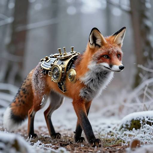 Photograph of a red fox with a steampunk-style brass harness, standing in a snow-covered forest, with blurred trees in the background.