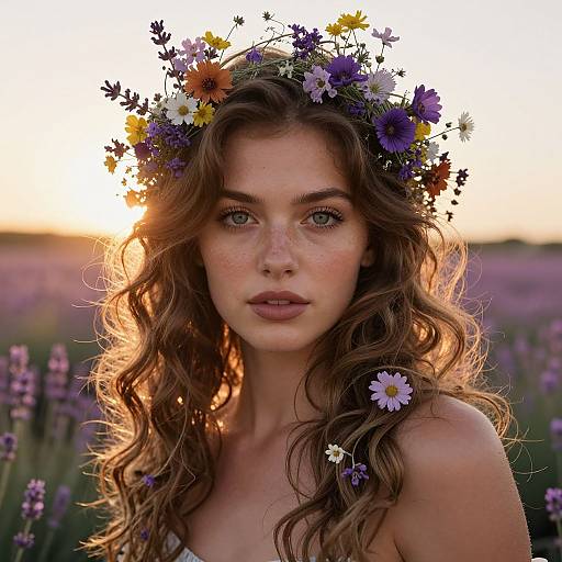 Photograph of a fair-skinned, freckled woman with long, wavy brown hair, wearing a colorful flower crown, set against a sunset