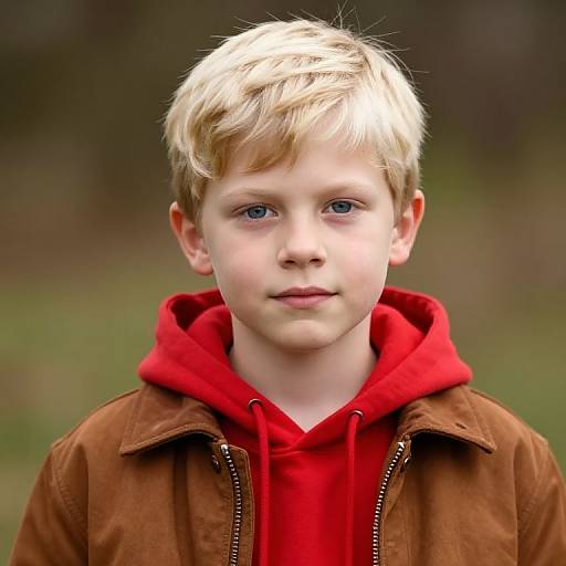 Photograph of a young boy with blond hair, blue eyes, and fair skin, wearing a red hoodie and brown jacket, standing outdoors with a blurred