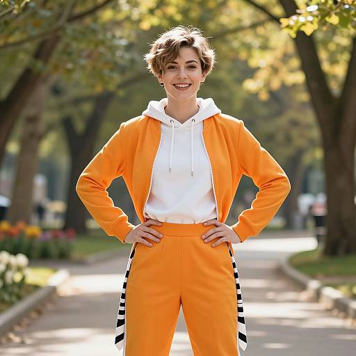Photograph of a smiling young person with short brown hair, wearing an orange hoodie and pants, standing confidently on a sunlit park path with trees and