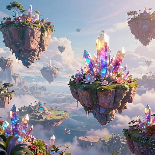 Fantastical CGI image of floating crystal islands with glowing, colorful crystals, lush greenery, and clear, sunlit sky above a cloudy landscape.