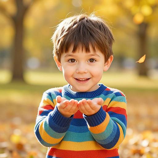 Photograph of a smiling young boy with brown hair, wearing a colorful striped sweater, holding out his hands, standing in a sunlit autumn park.