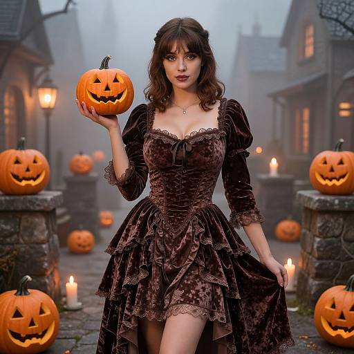 Photograph of a brunette woman in a brown, velvet Gothic dress holding a carved pumpkin with a jack-o'-lantern face, surrounded by glowing candles