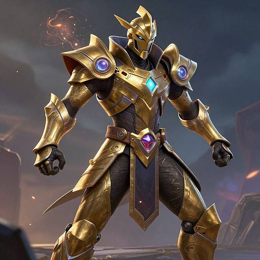 Digital art of a golden, futuristic, armored warrior with blue glowing shoulder plates, a glowing blue gem on the chest, and a helmet with a horn