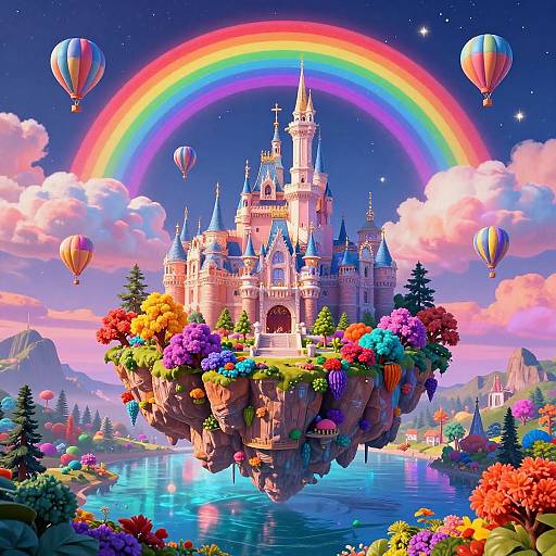 Fantasy castle floating on a colorful island, surrounded by vibrant flowers, rainbow, hot air balloons, and a starry night sky. Digital art.
