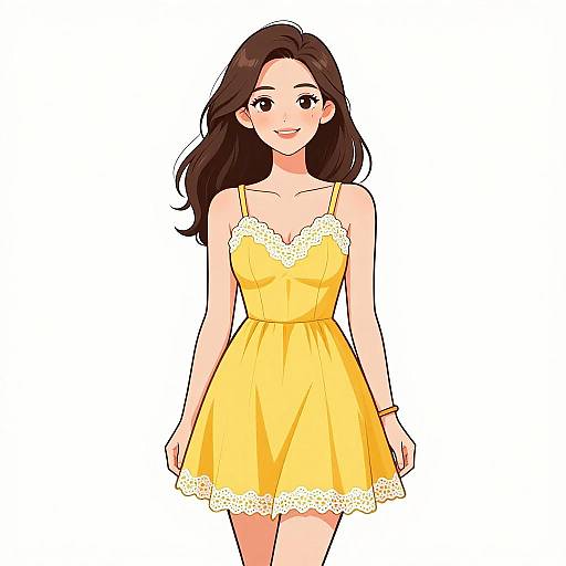 Anime-style digital drawing of a smiling woman with long brown hair wearing a yellow lace-trimmed sundress, standing against a white background.