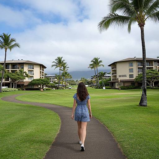 Photograph of a young woman with long brown hair in a blue dress, walking away on a path through a lush, tropical resort with palm trees and