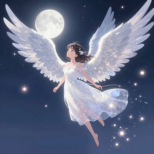 Anime-style digital illustration of a glowing white-winged girl in a flowing dress, floating against a starry night sky with a bright full moon.