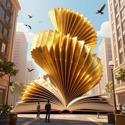 Photorealistic CGI of a massive, golden, open book with pages fanning out like a giant flower, standing in a sunny urban alleyway with