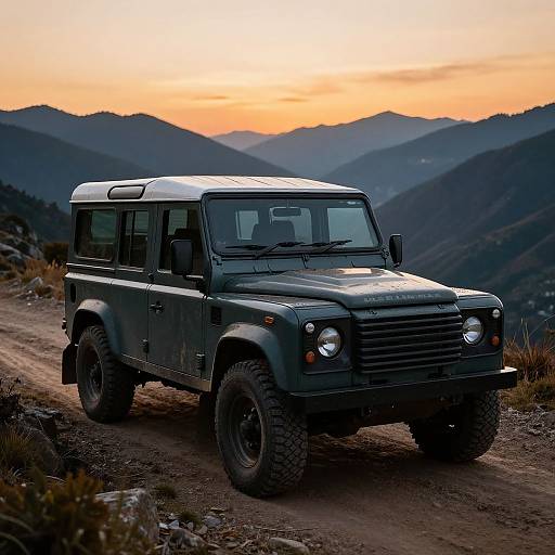 Photograph of a black Land Rover Defender on a dirt mountain road during a sunset, with orange and purple sky and rugged hills in the background.