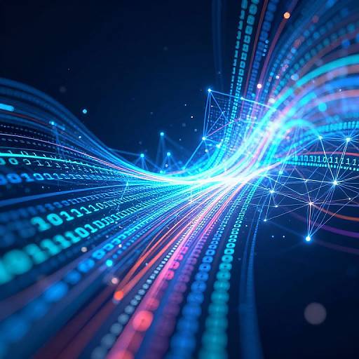 Digital art of bright blue and white light beams radiating from a central point, surrounded by glowing binary code and star-like sparks against a dark blue background