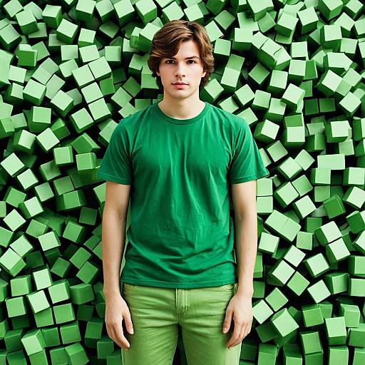 Young Man in Green Outfit with Cucumbers Background
