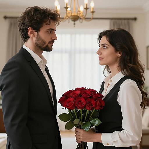 Couple with Red Roses Indoors