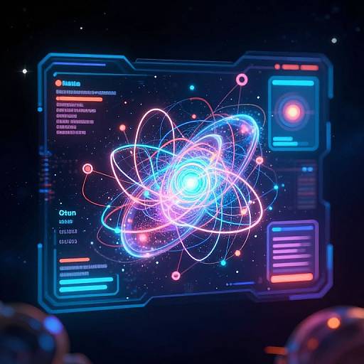 Digital artwork of a glowing, neon-colored atom with vibrant blue, pink, and white lines against a dark, starry background, framed by futuristic control