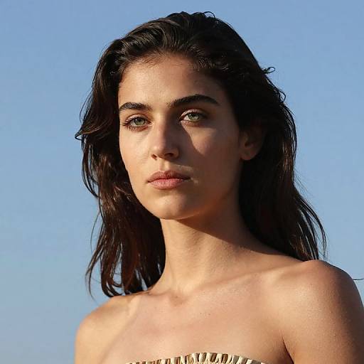 Photograph of a young woman with olive skin, green eyes, and dark, wavy hair, against a clear blue sky. She has a serious