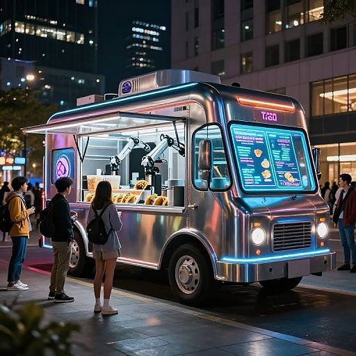 Nighttime photograph of a neon-lit, futuristic food truck in a bustling city street, with people standing in line, illuminated by vibrant blue and pink