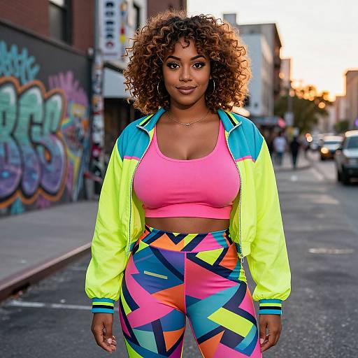 Photograph of a confident Black woman with curly hair, wearing a neon yellow jacket, pink crop top, and colorful geometric pants, standing in an urban