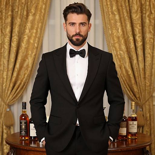 Photograph of a handsome, bearded man with dark hair, wearing a black tuxedo with bow tie, standing in front of gold curtains,
