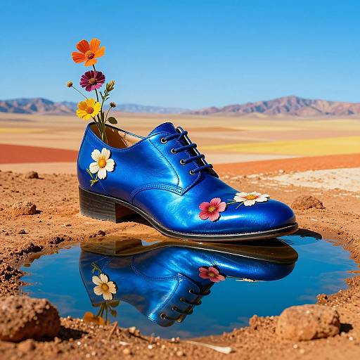 Photograph of a glossy blue leather shoe adorned with colorful flowers, standing in a puddle, against a desert landscape with mountains and clear blue sky.