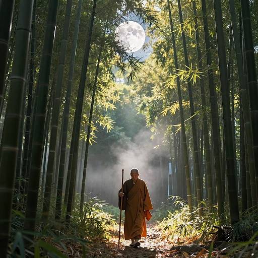 Photograph of a monk in brown robes with a staff, walking through a sunlit bamboo forest, mist rising from the ground.