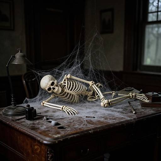 Photograph of a skeleton on a dusty wooden table, covered in spiderwebs, with old jars and tools scattered around, in a dimly lit,