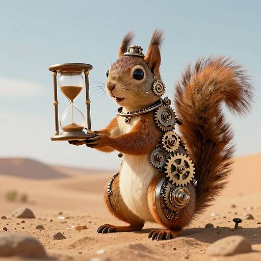 Digital illustration of a cute, steampunk squirrel holding an hourglass, adorned with gears and a crown, standing in a desert.