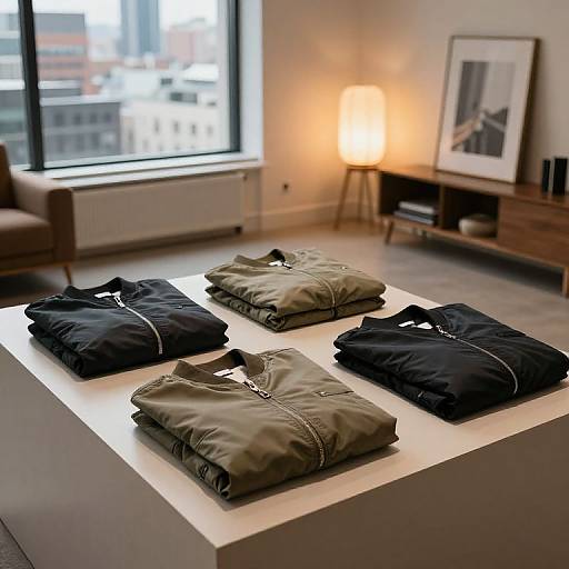 Photograph of a modern showroom displaying neatly folded black and olive green shirts on a white platform, next to a lit lamp and framed art. Large window