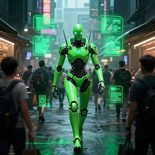 Cyberpunk Green Android in Futuristic Market