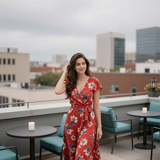 Woman in Red Floral Dress on Rooftop Terrace