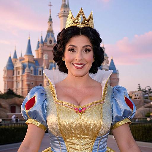Photograph of a smiling woman with fair skin, dark hair, and red lipstick, dressed as Snow White in a blue and gold gown with a gold