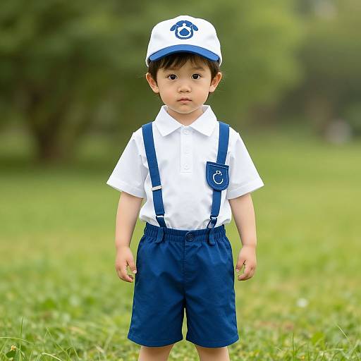 Photograph of a young Asian boy in a white shirt, navy shorts, suspenders, and cap, standing in a green park.