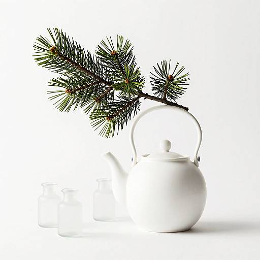Minimalist White Teapot with Pine Branch
