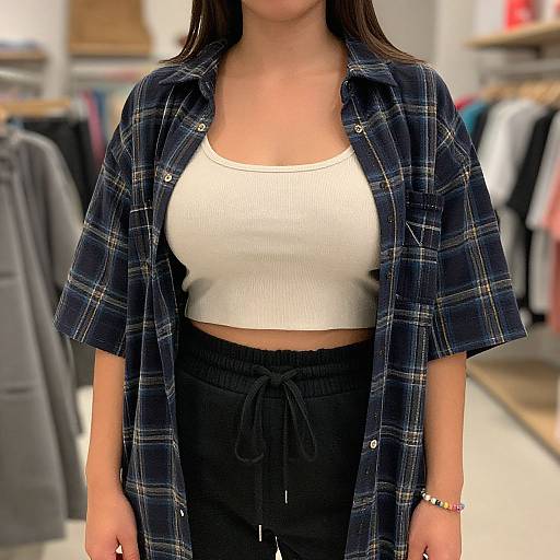 Photograph of a woman with long brown hair, wearing a white ribbed crop top, black plaid shirt, and black pants, standing in a