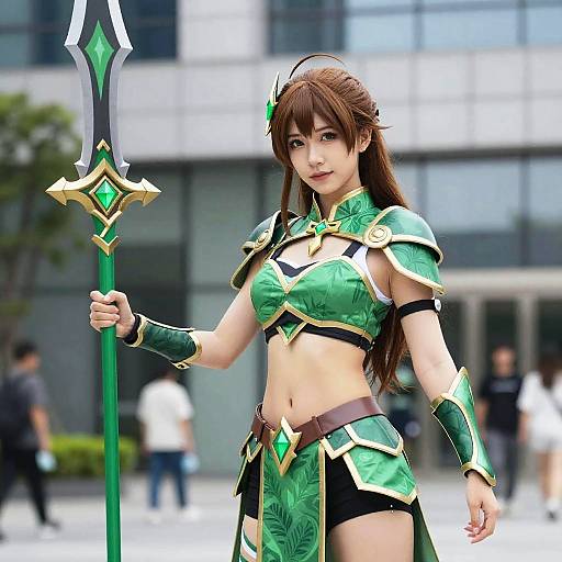 Photograph of an Asian woman cosplaying a green and gold fantasy warrior, holding a green staff, with long brown hair, in an urban outdoor setting