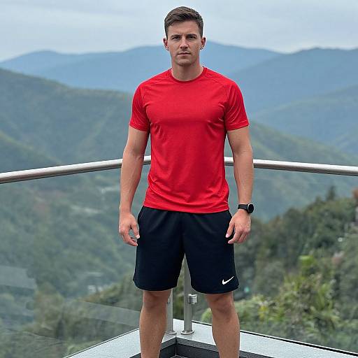 Photograph of a muscular man with short brown hair, wearing a red t-shirt and black Nike shorts, standing on a glass balcony overlooking lush, mountain