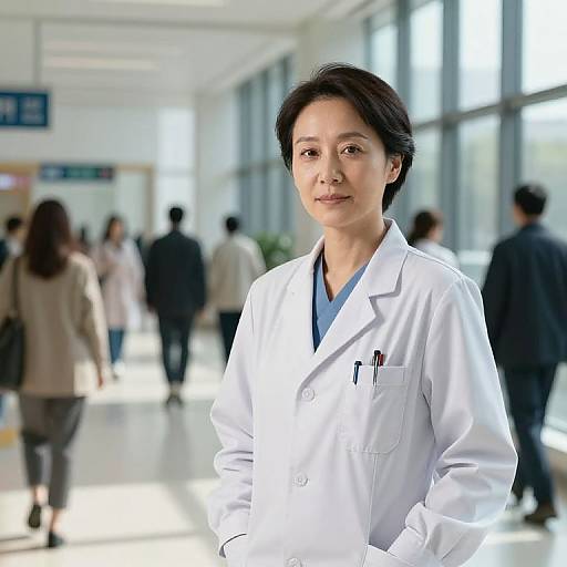 Photograph of an Asian woman in a white lab coat standing in a bright, modern hospital corridor with blurred people in the background.