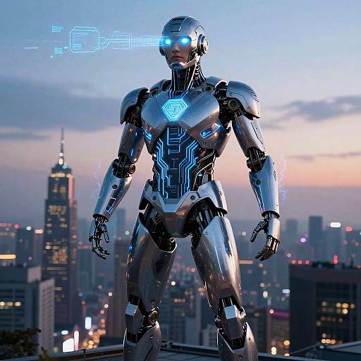 CGI image of a futuristic, silver, glowing-blue robotic figure standing on a rooftop, overlooking a cityscape at dusk, with skyscrapers and