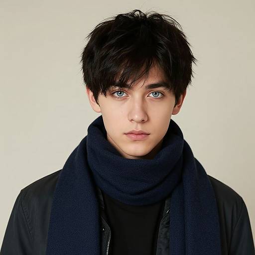 Photograph of a young, fair-skinned man with black, tousled hair, blue eyes, wearing a black scarf and coat, against a plain