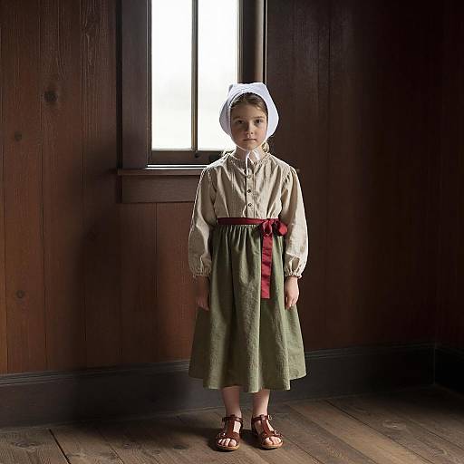 Young Girl in Victorian-Era Dress Standing Indoors