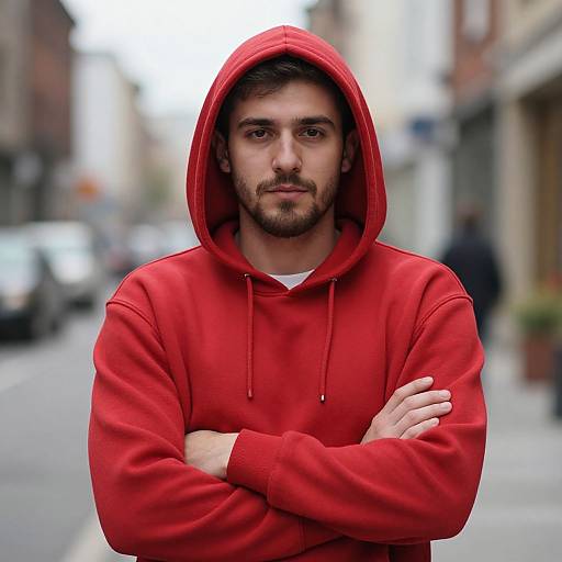 Photograph of a handsome young man with a trimmed beard, wearing a bright red hoodie with arms crossed, standing on a blurred urban street.