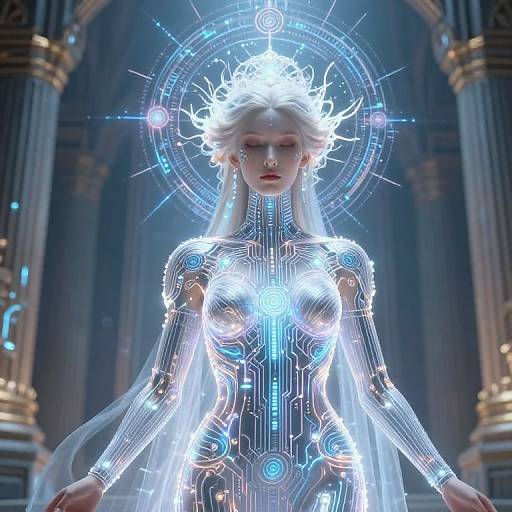 Digital CGI of a glowing, ethereal, white-haired woman with a futuristic, neon-lit bodysuit and radiant halo, standing in a grand