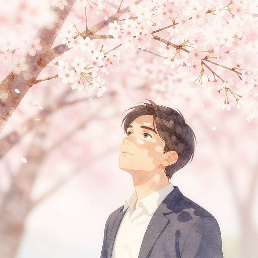 Anime-style digital drawing of a young man with short black hair, wearing a dark suit and white shirt, gazing upward at blooming cherry blossoms
