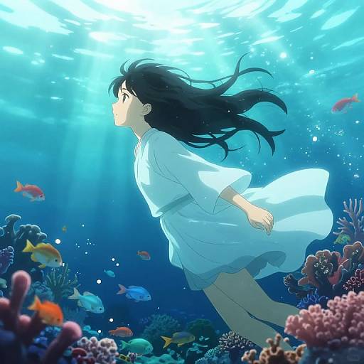 Anime-style digital illustration of a girl with long black hair floating underwater, wearing a white dress, surrounded by colorful fish and coral. Bright sunlight beams from