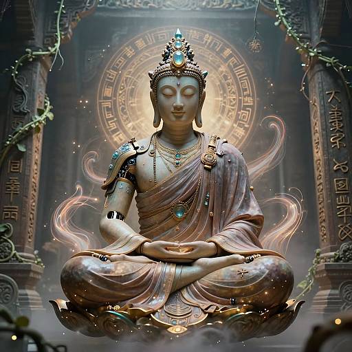 Digital art of a serene, golden Buddha statue with glowing blue jewel, in lotus position, surrounded by ethereal lights and ancient temple architecture.