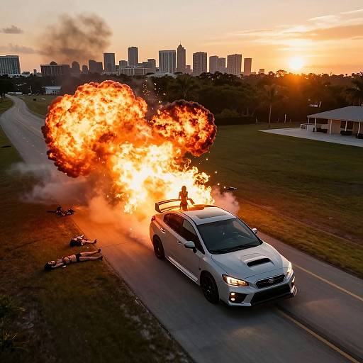 Photograph of a white sedan exploding in bright flames on a suburban road at sunset, with a city skyline in the background.