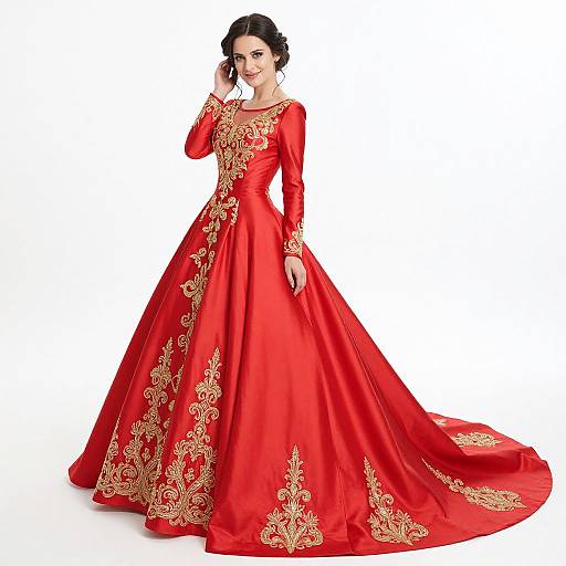 Photograph of a fair-skinned woman with dark hair in a red, long-sleeved ball gown with gold floral embroidery, standing against a white