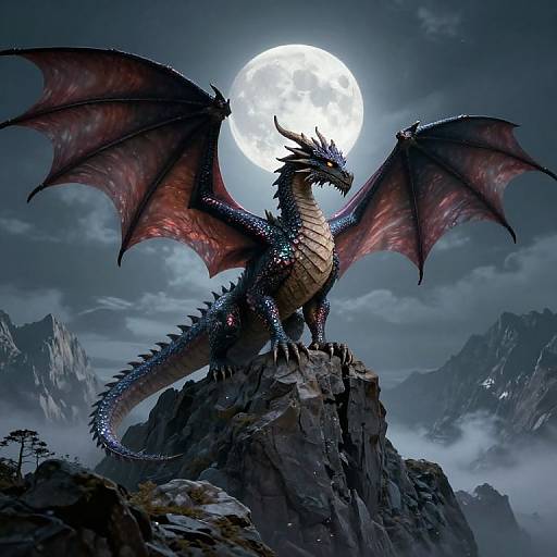 Digital artwork of a fierce, blue and red-scaled dragon with large wings, standing on a rocky peak under a full moon.