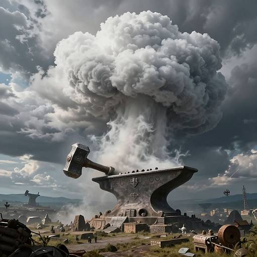 Digital artwork of a massive, explosive cloud bursting from a giant hammer anvil in an industrial wasteland, with dramatic, dark clouds and scattered buildings in